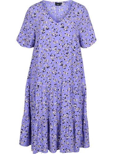 Kortermet viskosekjole med blomsrete mønster, Lilac Flower Print, Packshot image number 0