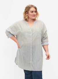Stripete tunika med V-hals og knapper, Balsam Green Stripe, Model