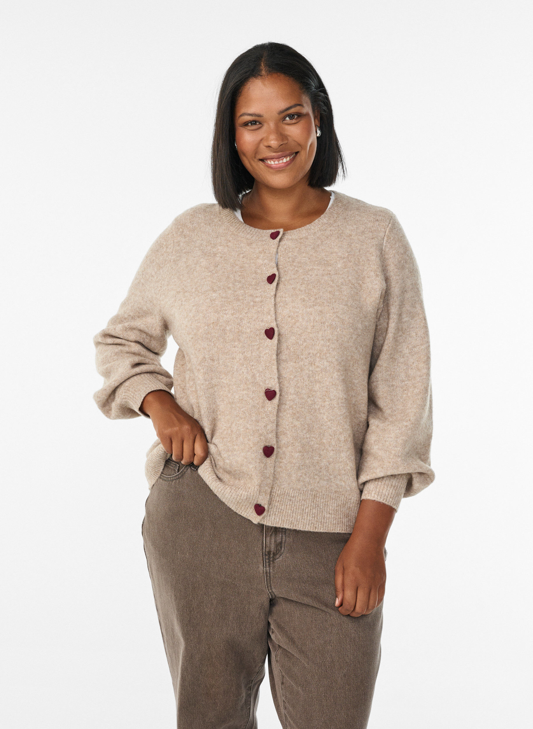 ZizziCardigan med hjerteformede knapper, Beige, Model image number 0