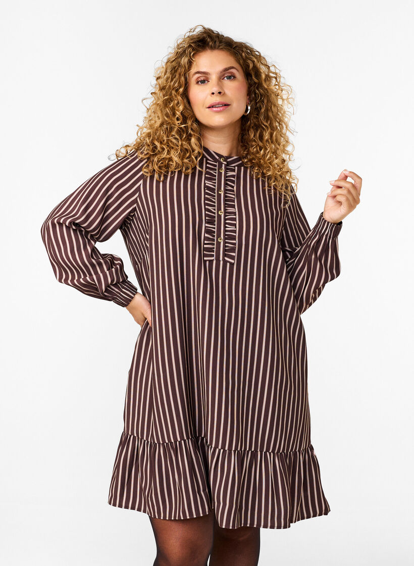 Kort, stripete kjole med volangdetaljer, Hot Fudge Stripe AOP, Model image number 0