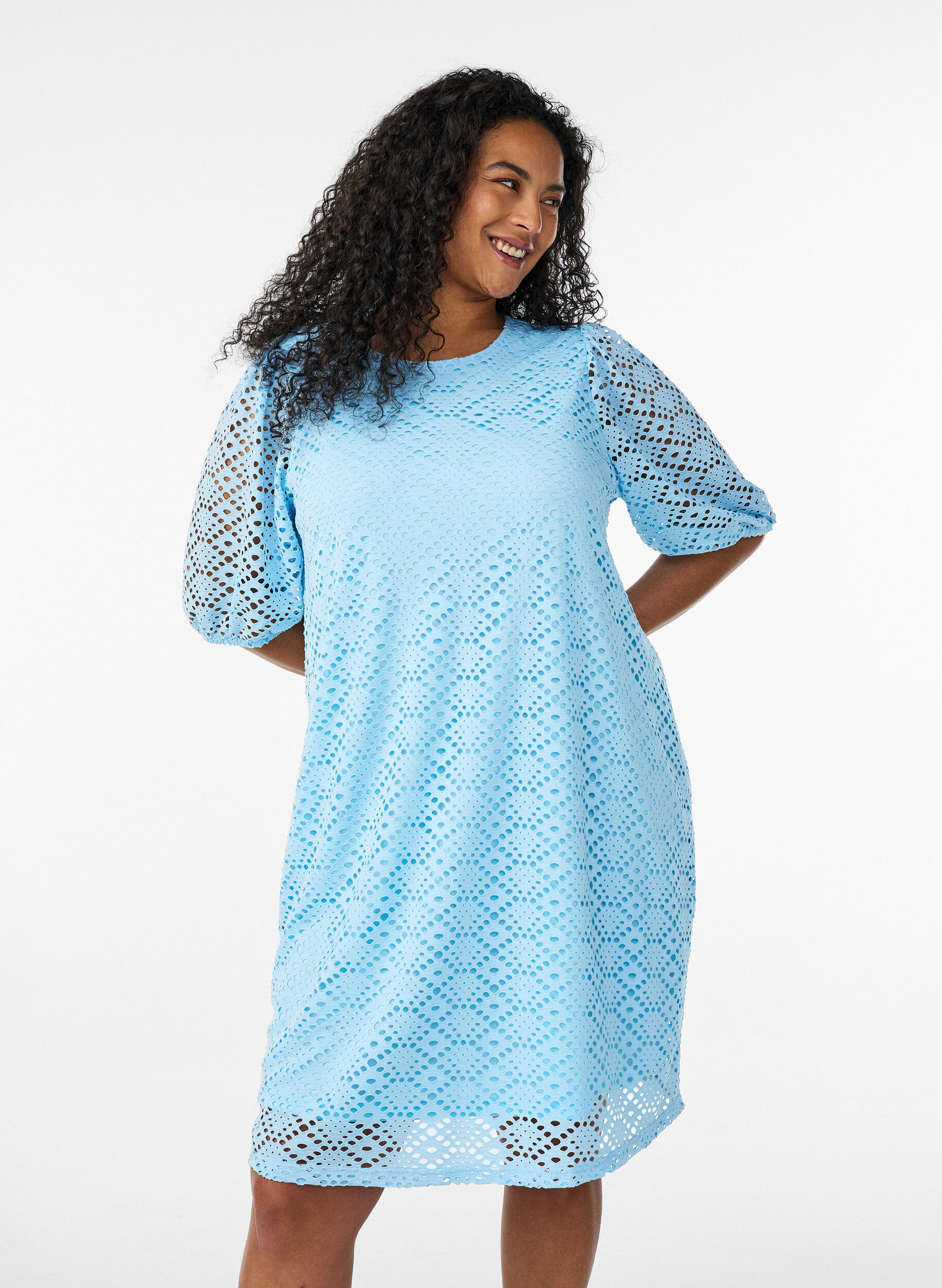 Knee-length dress with eyelet pattern and short sleeves, Light Blue, Model