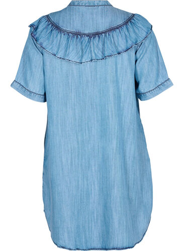 Kortermet denimkjole med volanger, Blue denim, Packshot image number 1