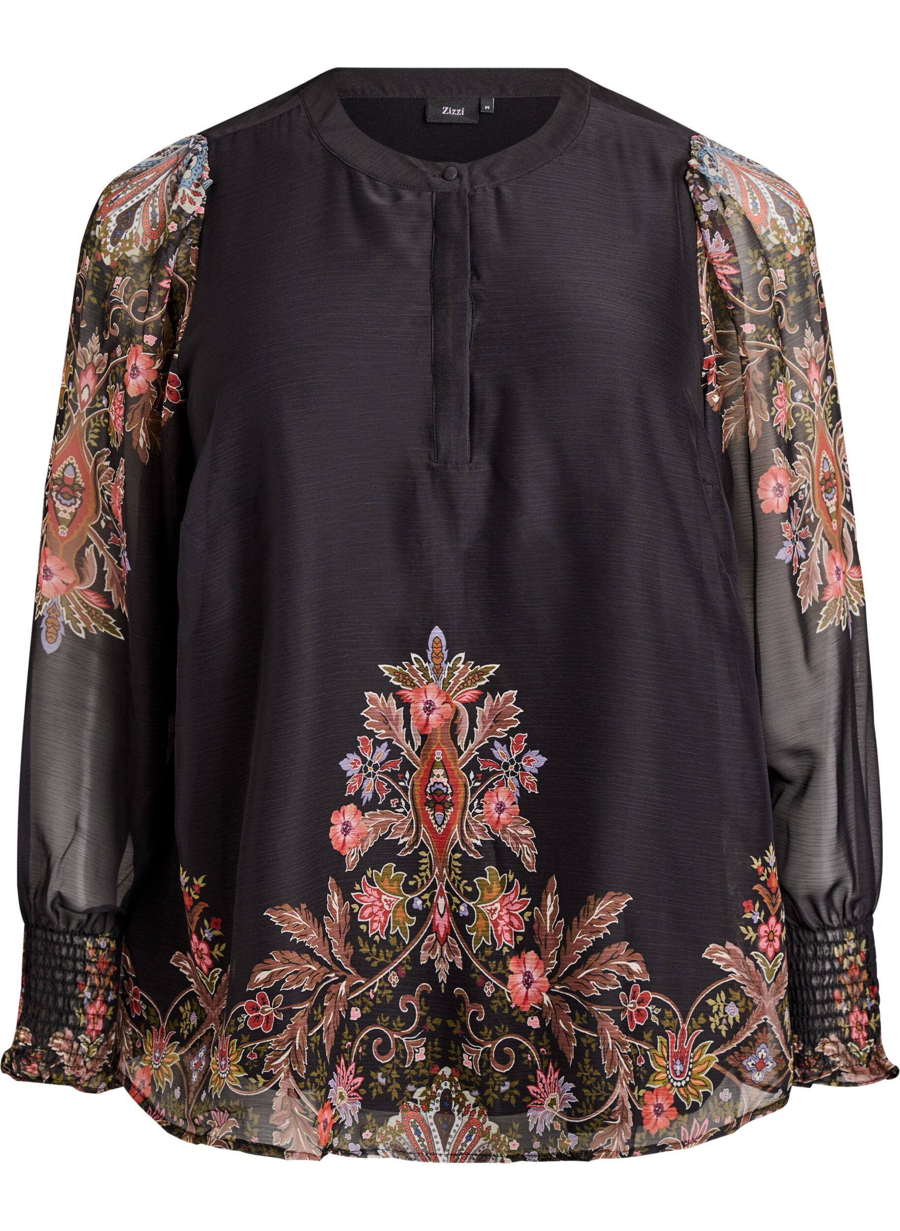 Bluse med paisley-trykk og gjennomsiktige ermer