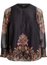 Bluse med paisley-trykk og gjennomsiktige ermer, Svart Bluse med paisley-trykk og gjennomsiktige ermer