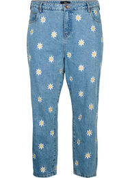Cropped Mille jeans med broderte blomster, Light Blue Flower