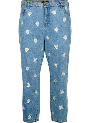 Cropped Mille jeans med broderte blomster, Light Blue Flower, Packshot image number 0
