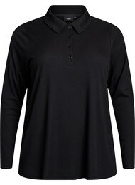 Langermet poloskjorte i elastisk, ribbet kvalitet, Black