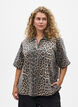 Leopardmønstret denimbluse med krage og halvlange ermer, Brun, Model image number 0