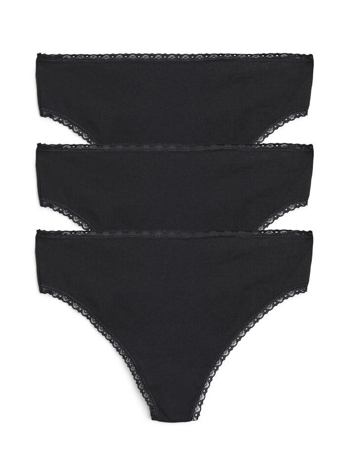 G-streng med blondekanter, 3 stk., Black, Packshot image number 0