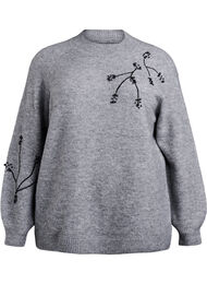 Genser med perlebroderi, Medium Grey Melange