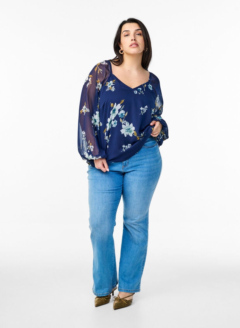 Chiffonbluse med blomstertrykk og lange ermer, Bl&aring;, Model image number 1