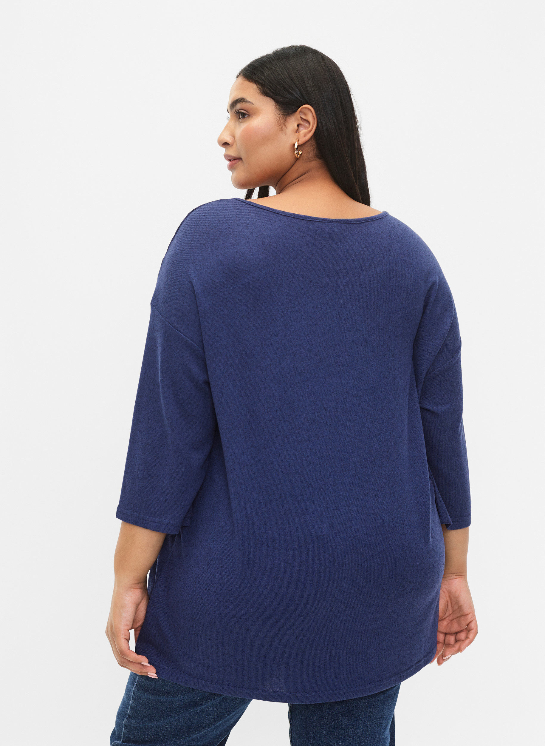 Zizzi Bluse med 3/4-ermer og blondedetaljer, Medieval Blue Mel., Model image number 1