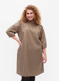 3/4 ermet rutete kjole med glidelås, Brown Check , Model