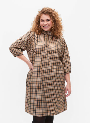 3/4 ermet rutete kjole med glidelås, Brown Check , Model image number 0