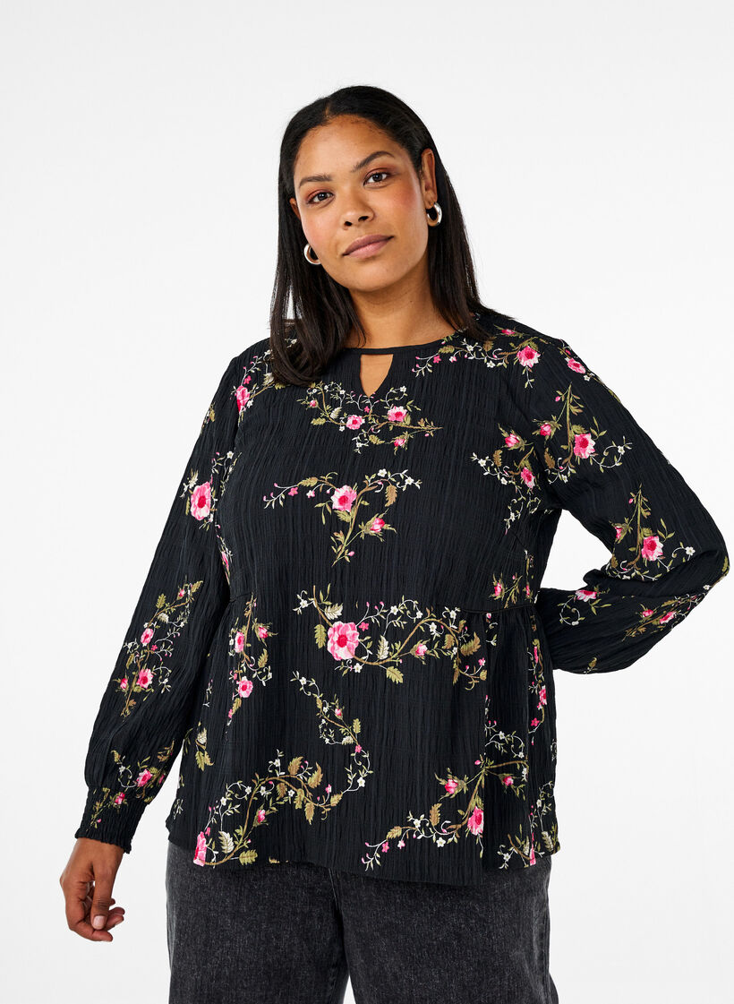 Langermet bluse med blomstertrykk, Svart, Model image number 0