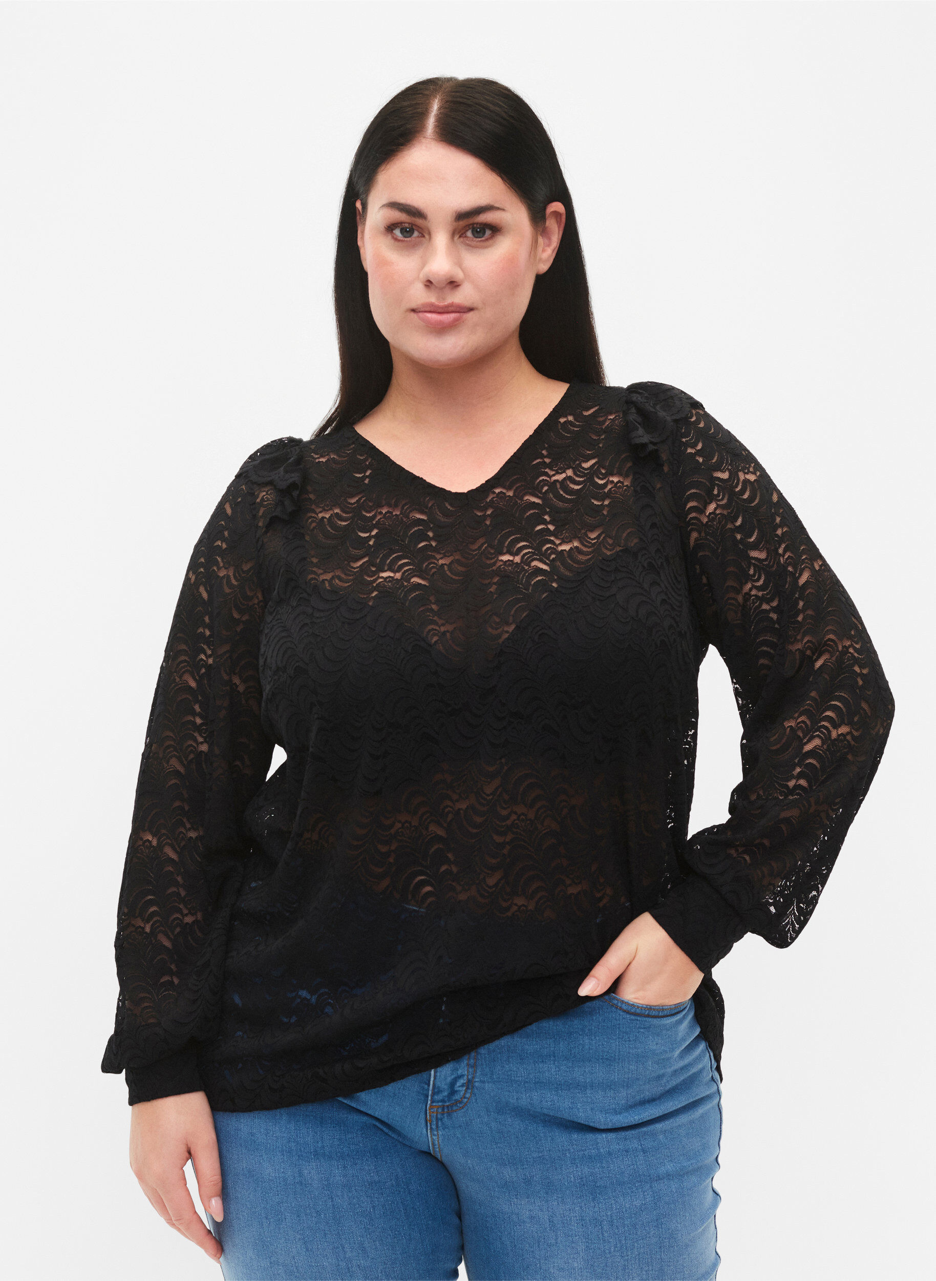 Zizzi Langermet bluse med blonder, Black, Model image number 0