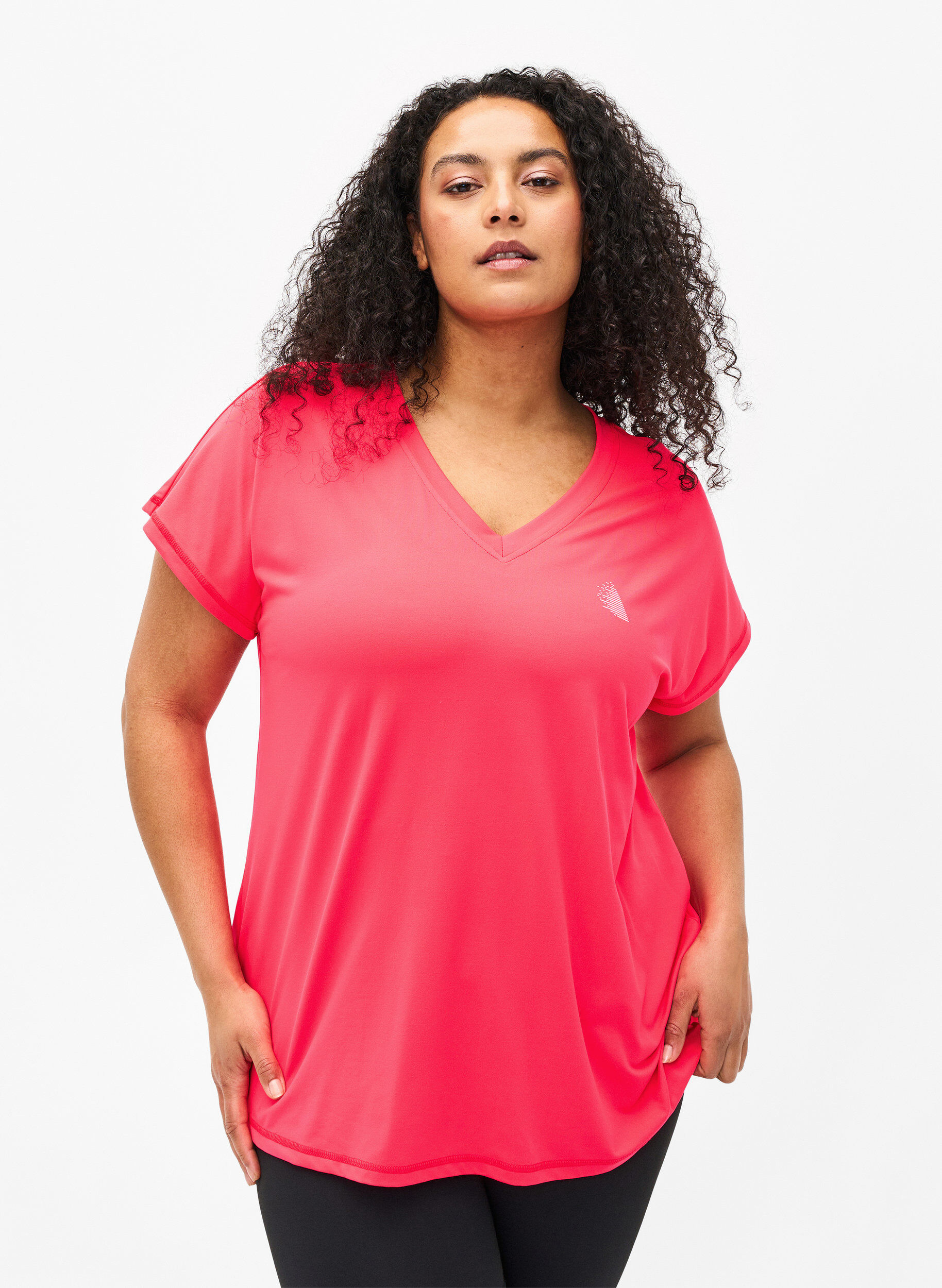 Zizzi L&oslash;stsittende trenings-t-skjorte med v-hals, Neon Diva Pink, Model image number 0