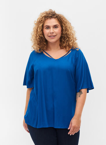 Kortermet viskosebluse med snøredetaljer, Classic Blue, Model image number 0