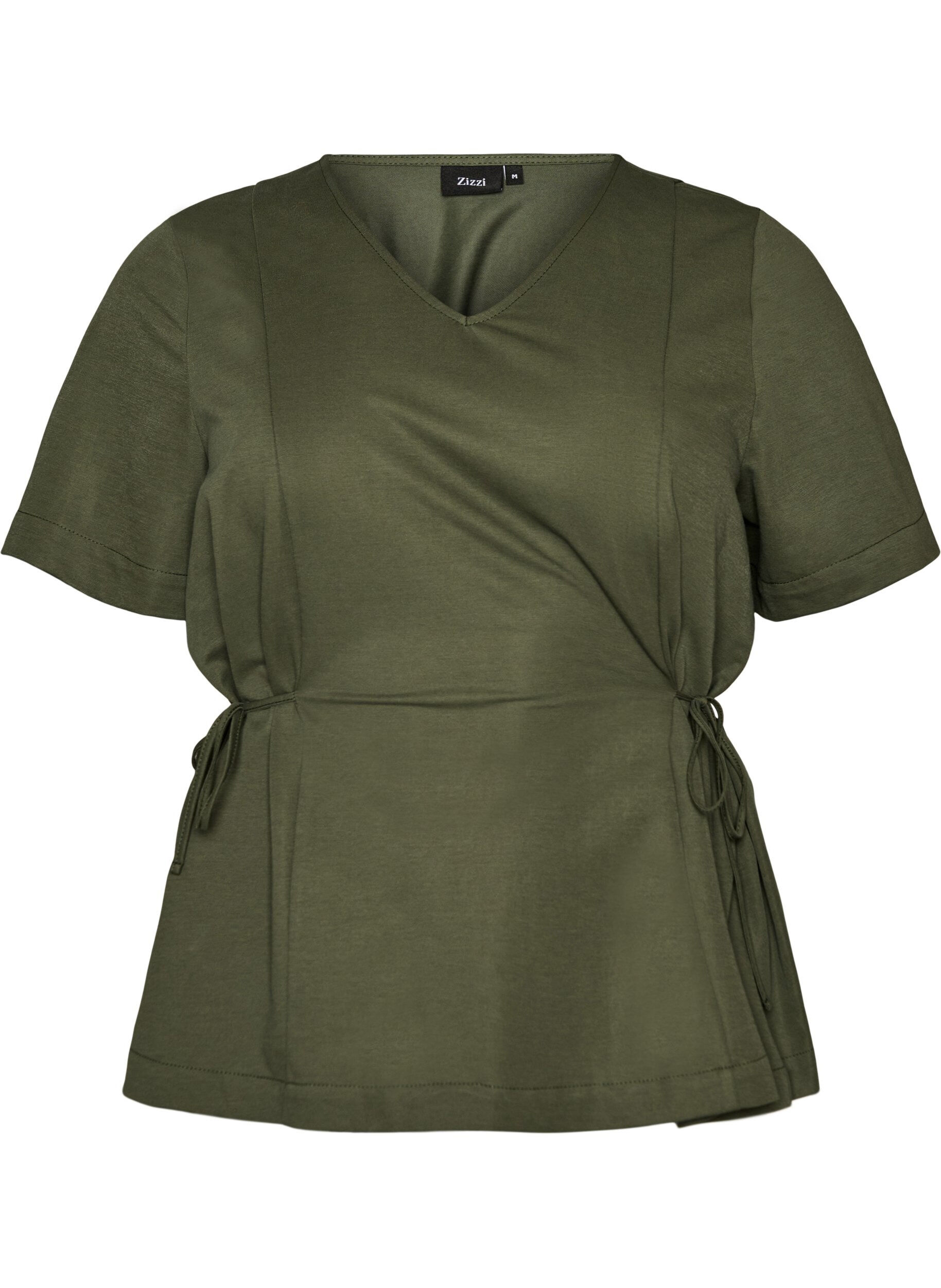 ZizziBluse i bomullsblanding med V-hals og knyteb&aring;nd, Gr&oslash;nn, Packshot image number 0
