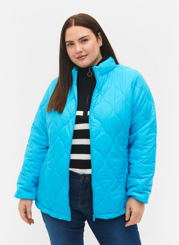 Quiltet jakke med glidelås og lommer, River Blue, Model image number 0