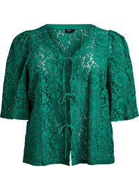 Bluse med blonder, 3/4 ermer og sløyfer foran, Grønn Bluse med blonder, 3/4 ermer og sløyfer foran