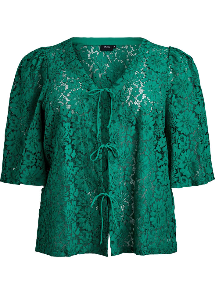 Bluse med blonder, 3/4 ermer og sløyfer foran, Grønn, Packshot image number 0