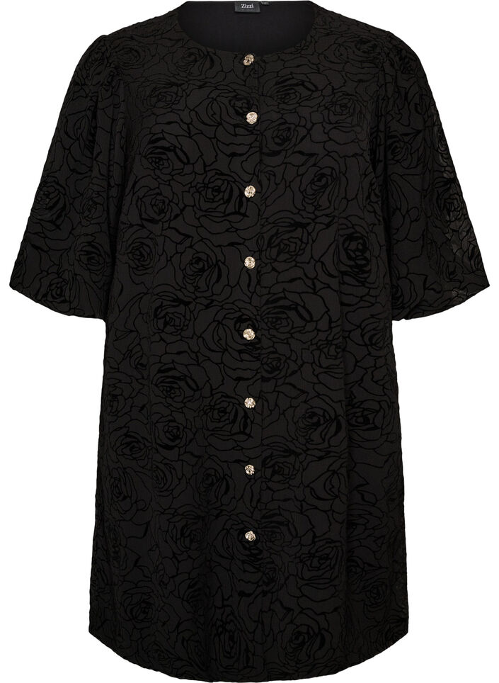 Kort kjole med rosetrykk og knapper, Svart, Packshot image number 0