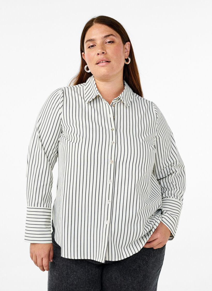 Stripet skjorte med brede mansjetter, White/Black Stripe, Model
