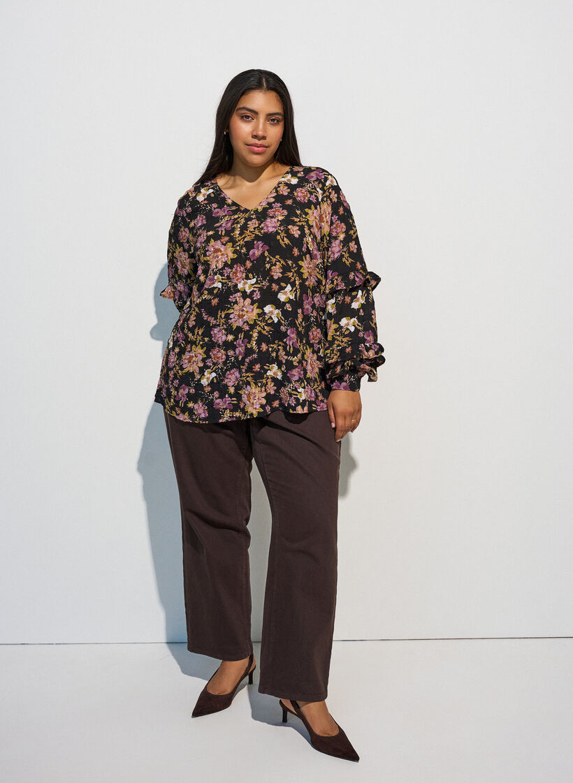 Bluse med blomstertrykk og rysjedetaljer, Svart, Model image number 1