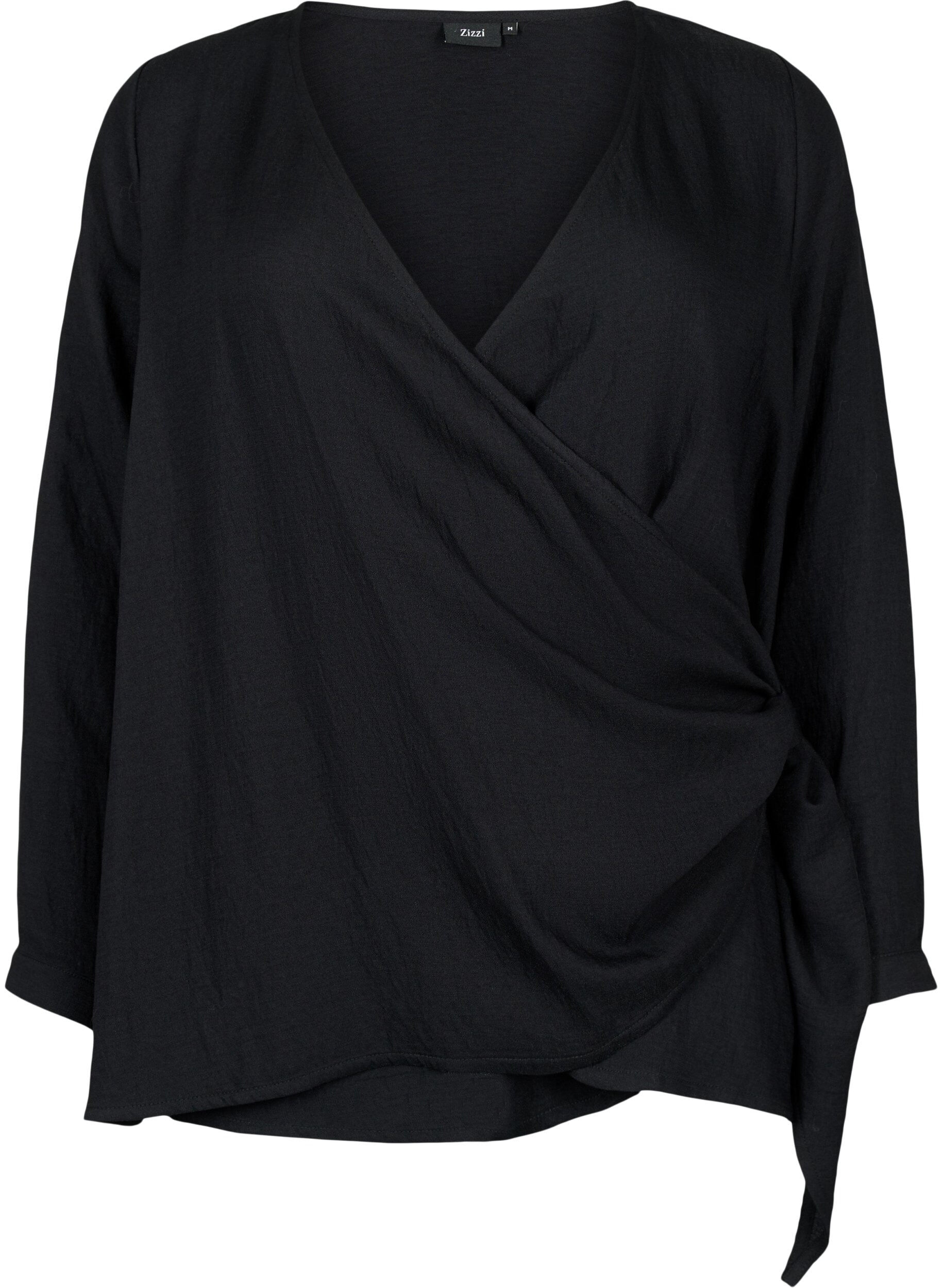 Zizzi Langermet bluse i viskose med omslagslook, Black, Packshot image number 0