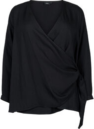 Langermet bluse i viskose med wrap look, Black