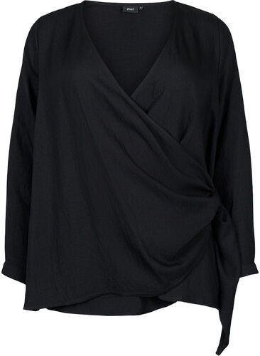 Langermet bluse i viskose med omslagslook, Black, Packshot image number 0