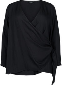 Langermet bluse i viskose med omslagslook, Black Langermet bluse i viskose med omslagslook