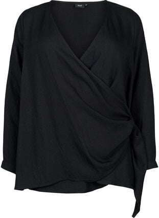 Zizzi Langermet bluse i viskose med wrap look, Black, Packshot image number 0