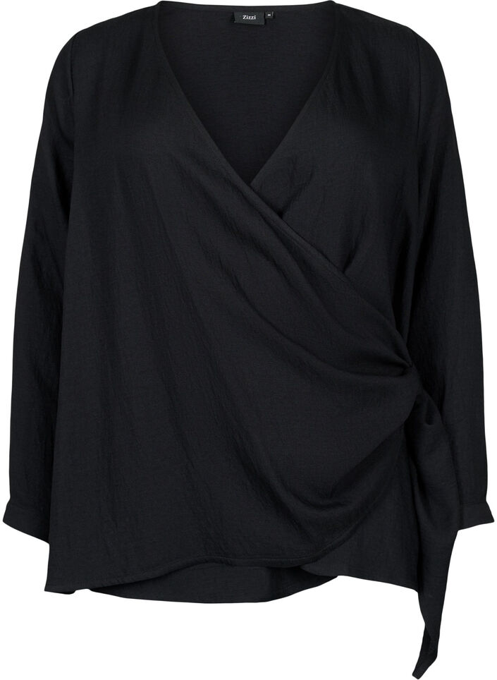 Langermet bluse i viskose med wrap look, Black, Packshot image number 0