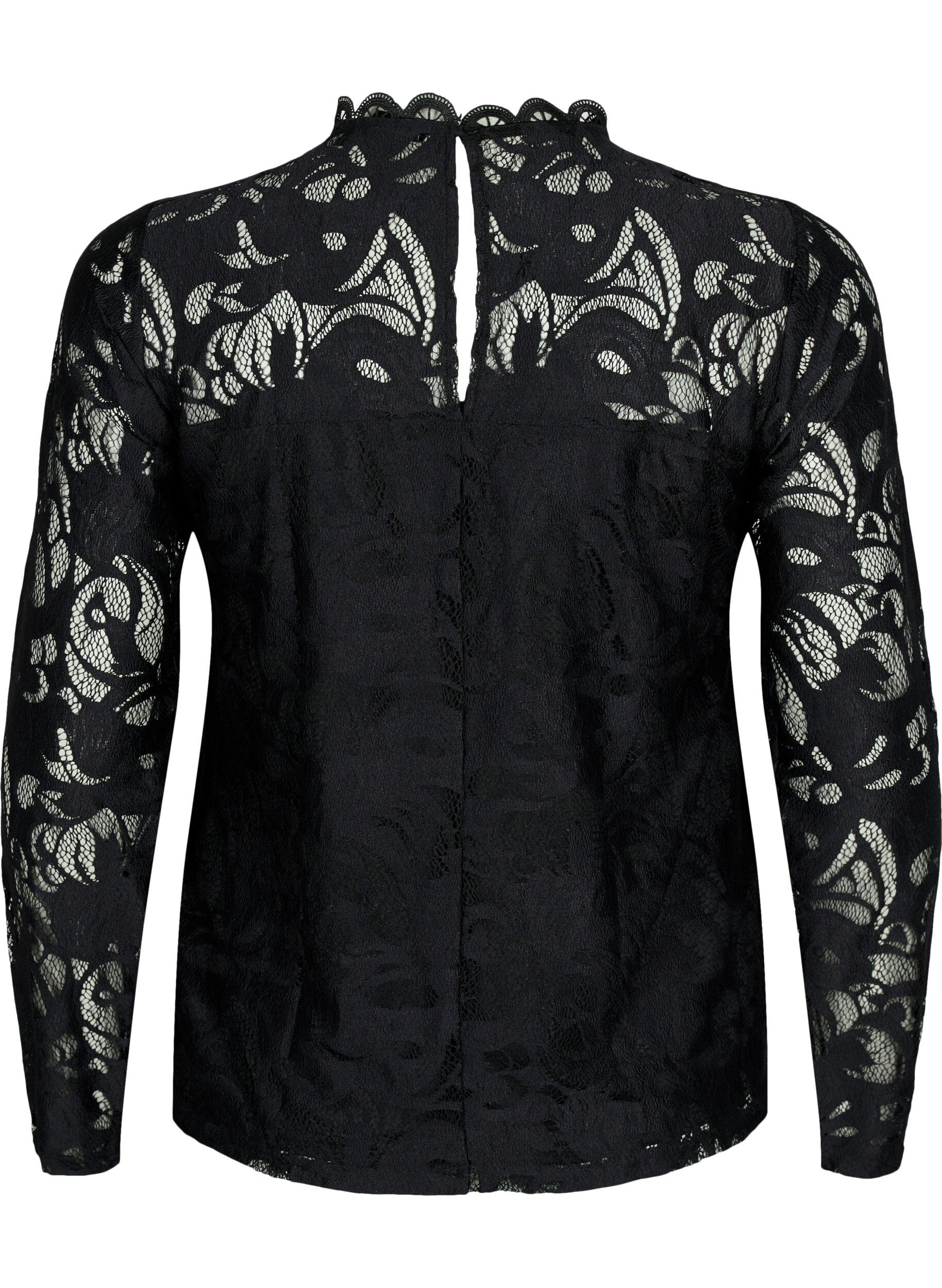 Zizzi Bluse med lange ermer og blonder, Black, Packshot image number 1