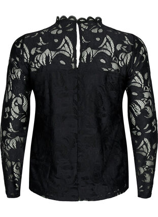 Bluse med lange ermer og blonder, Black, Packshot image number 1