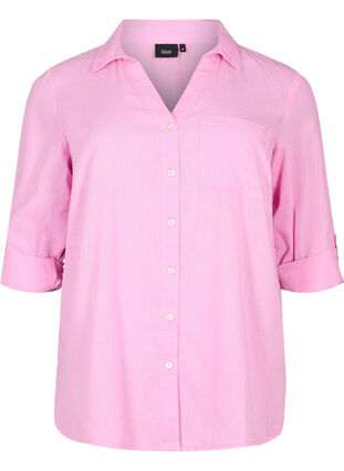 Skjortebluse med knappelukking i bomull-linblanding, Begonia Pink, Packshot image number 0