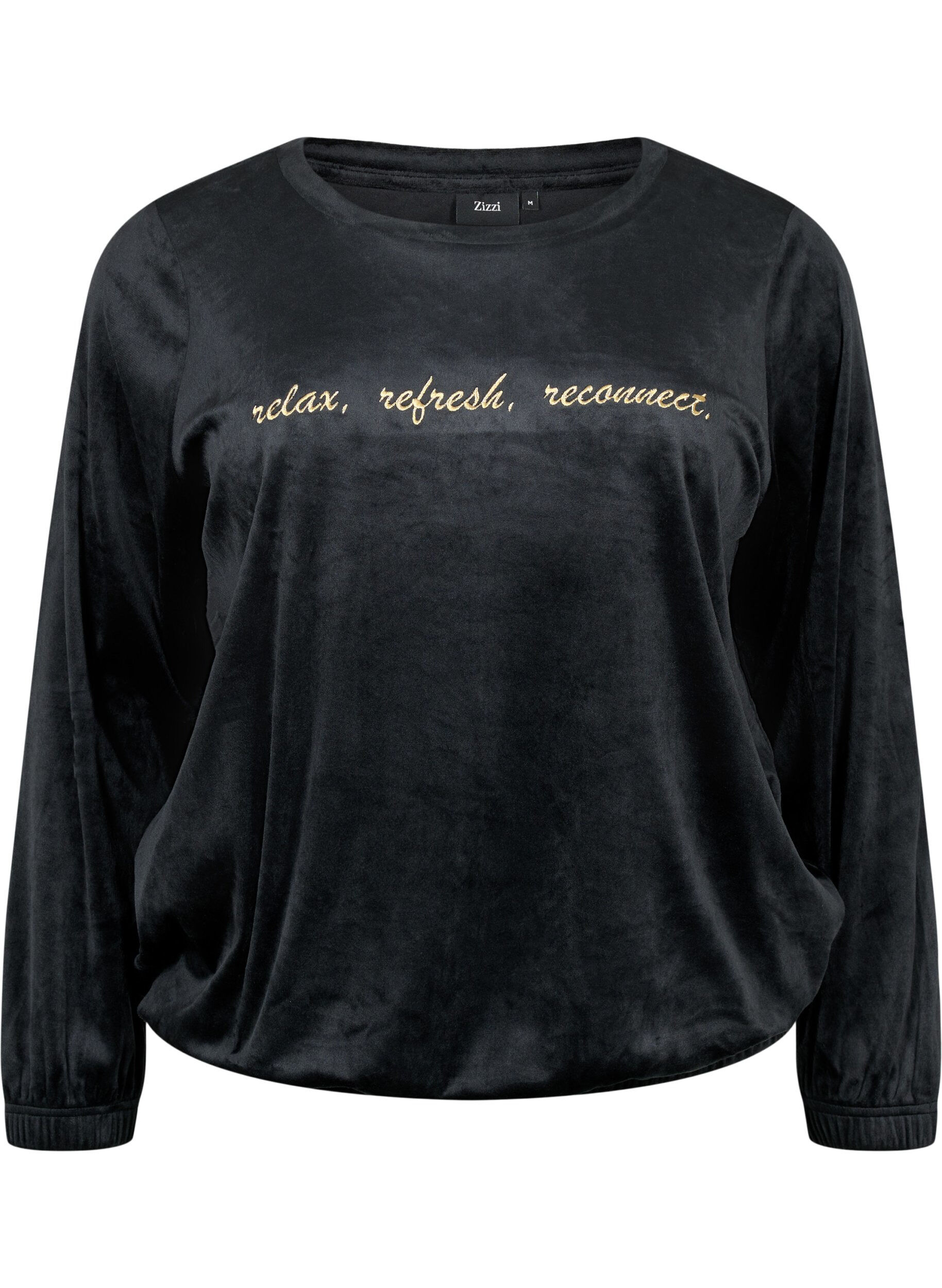 Zizzi Velourbluse med brodert tekst, Black, Packshot image number 0