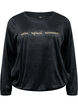 Velourbluse med brodert tekst, Black, Packshot image number 0