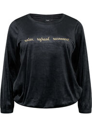 Velourbluse med brodert tekst, Black