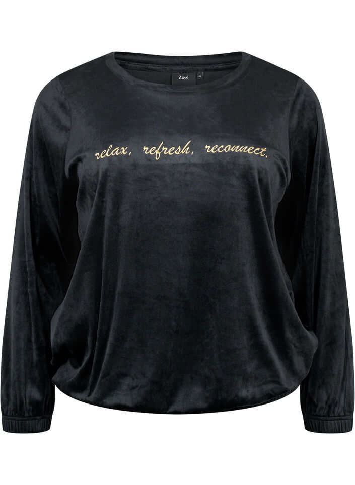 Velourbluse med brodert tekst, Black, Packshot image number 0