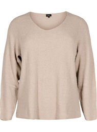 Strikket bluse med v-hals og lange ermer, Simply T. White Mel.