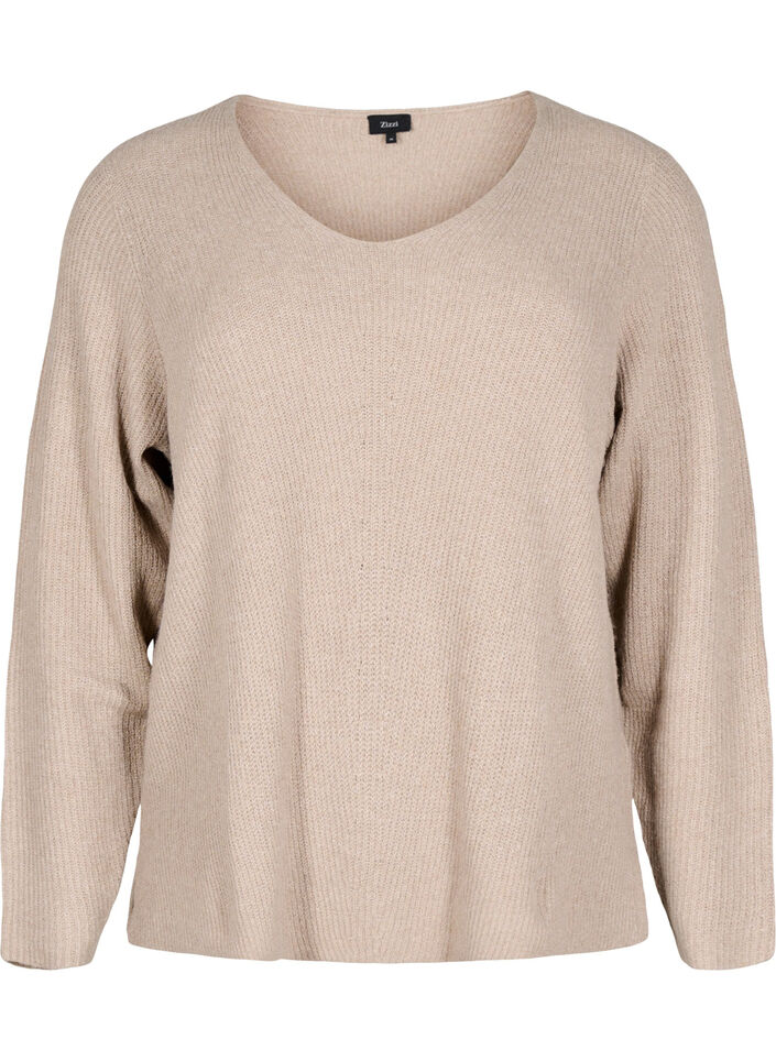 Strikket bluse med v-hals og lange ermer, Simply T. White Mel., Packshot image number 0