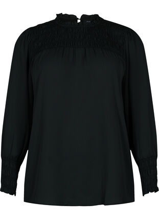 Langermet bluse med smock, Black, Packshot image number 0