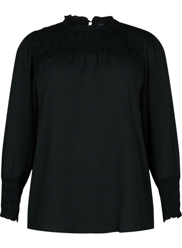 Langermet bluse med smock, Black, Packshot image number 0