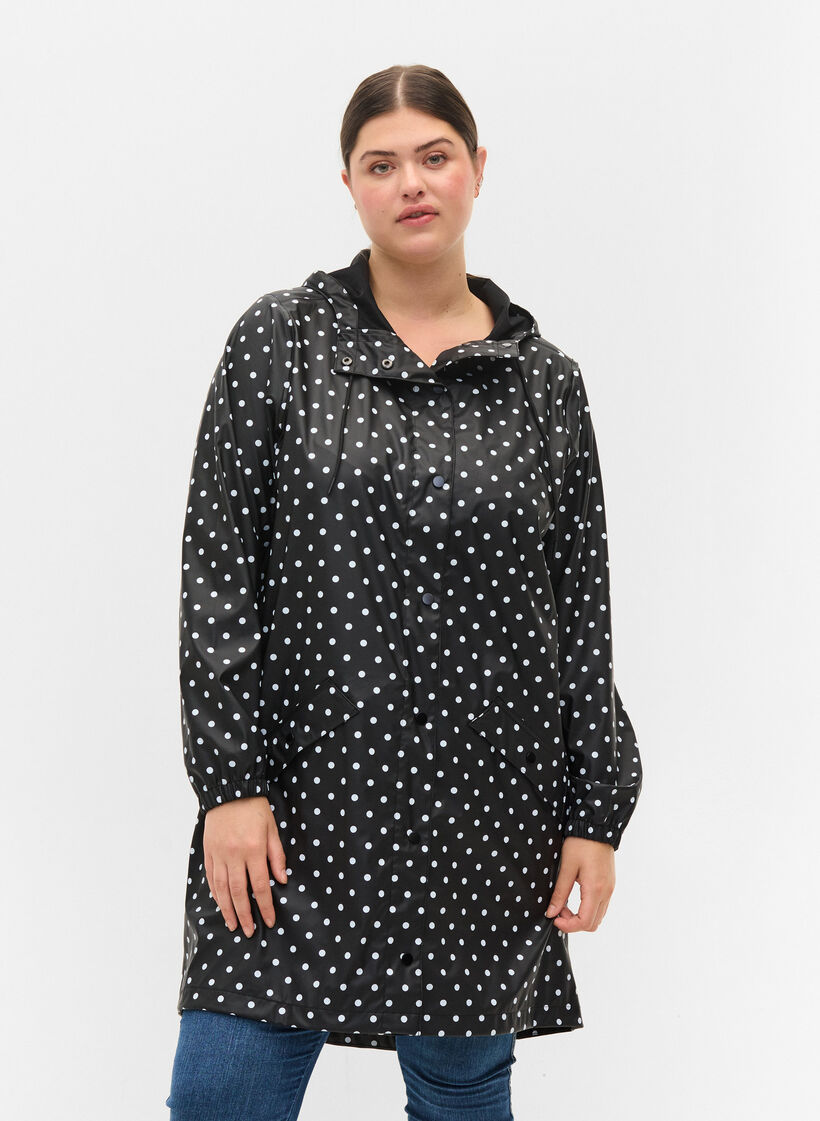 Prikkete regnjakke med hette, Black W/White Dot, Model image number 0