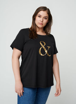 Kortermet t-skjorte med print, Black , Model image number 0