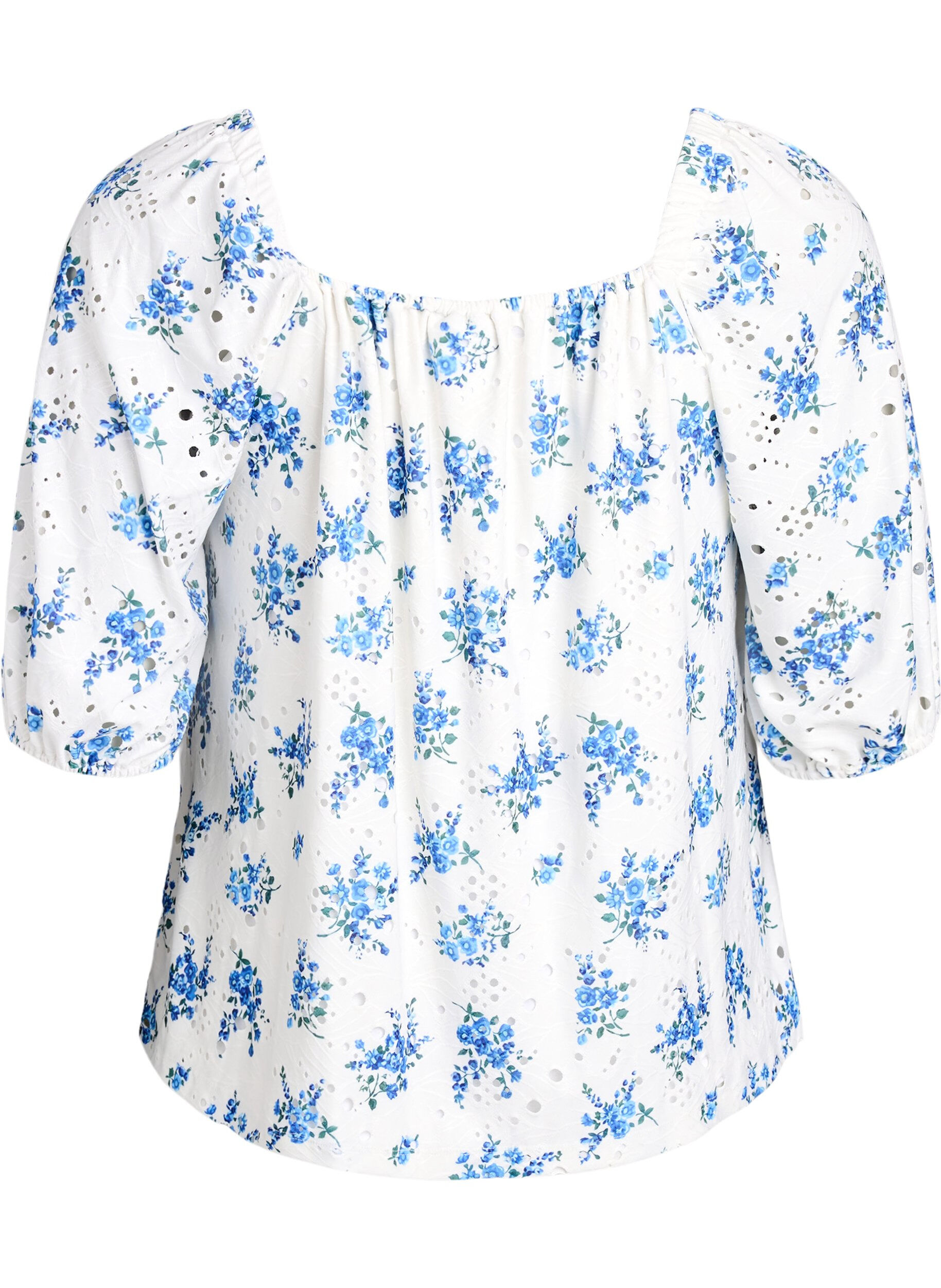 Zizzi Bluse med blomster og firkantet utringning samt hullbroderi, Hvit, Packshot image number 1