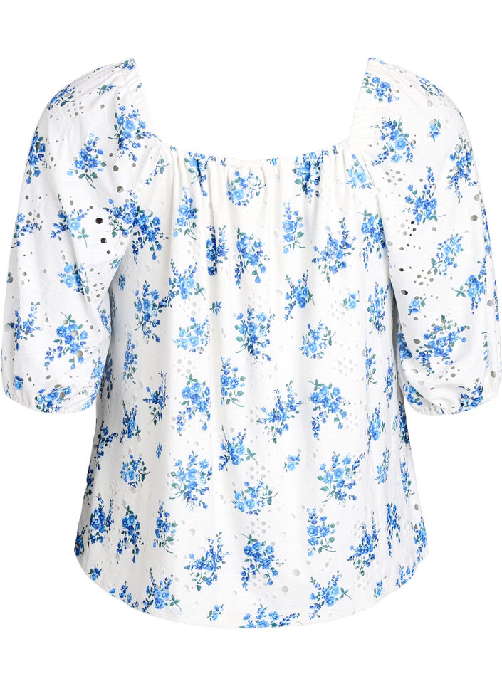 Bluse med blomster og firkantet utringning samt hullbroderi, Hvit, Packshot image number 1